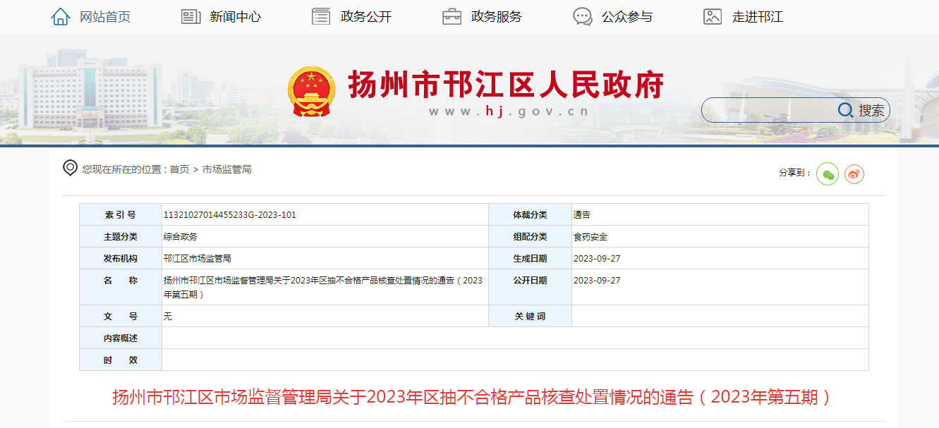 365best江苏省扬州市邗江区市场监管局关于2023年区抽不合格产品核查处置情(图1)